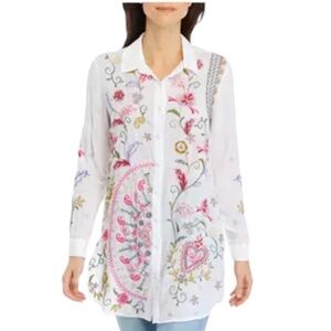 Philosophy White Embroidered Pink Purple Green Floral Long Sleeve Top